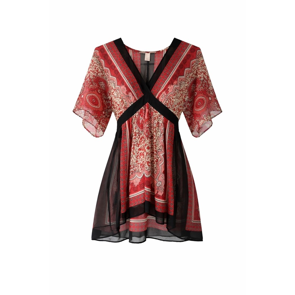 FOREVER 21‎ Womens Small Colorful Flowy Sheer Babydoll V Neck Tunic Top Paisley